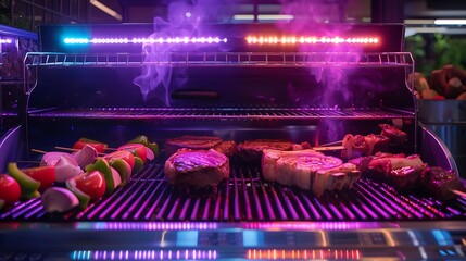 High-tech BBQ station, advanced grills with neon lights and digital temperature gauges grilling juicy steaks and veggies