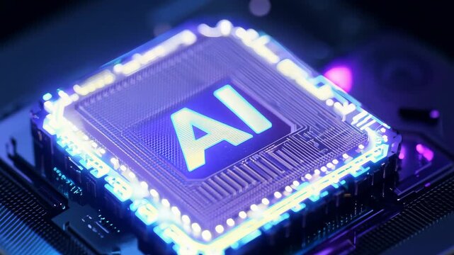 AI glowing microchip colorful computer chip processor computation power machine learning silicon hi-tech powerful imagination creativity tech technological computing progress development technology