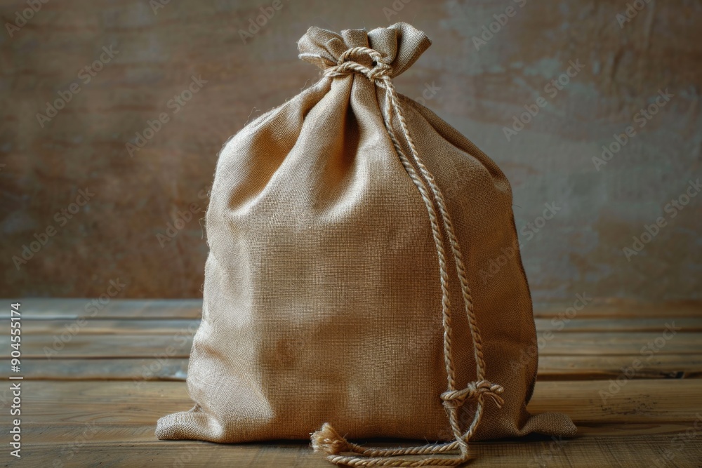 Poster A drawstring bag placed on a wooden table with a simple and clean design