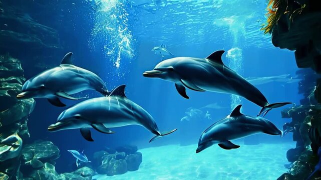 Dolphins swim in the aquarium