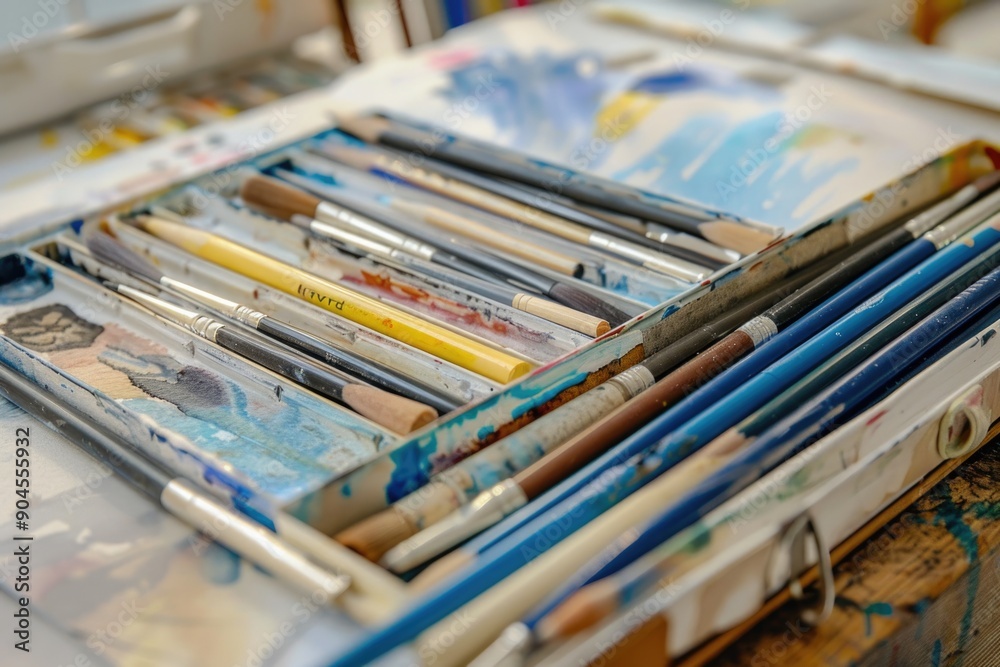 Poster a collection of paint brushes arranged neatly on a table, ideal for art or craft projects