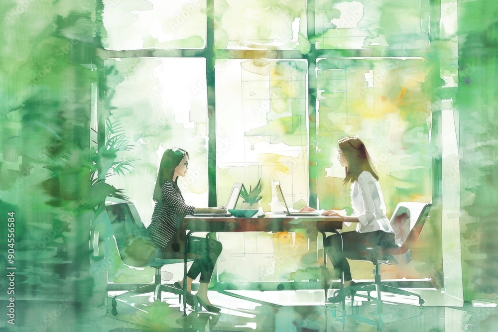 Poster two women using laptops at a table, possibly working from home or remote office