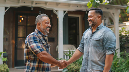 Contractor and homeowner shaking hands happily, celebrating a successful home upgrade deal