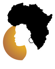 African woman, face profile silhouette with hair in the shape of Africa's map and golden sun at the back. Vector illustration isolated on white background