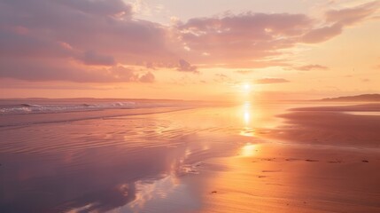 Deserted beach with the sun just rising over the horizon, generative ai