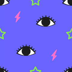 Winked, open, close eyes. Seamless pattern in Y2K style.