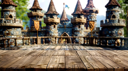 Obraz premium Medieval castle with turrets and flags viewed from a wooden platform, ideal for fantasy and historical themed visuals.