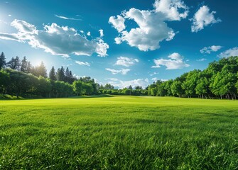 Fototapeta premium Green Grass Field Under a Sunny Sky