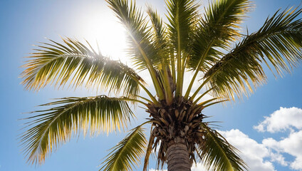 Obraz premium A close-up of a palm tree with sunlight shining through the fronds against a blue sky.