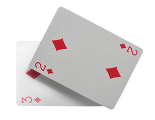 Flying playing card for poker and gambling, two and three diamond isolated on white, clipping path