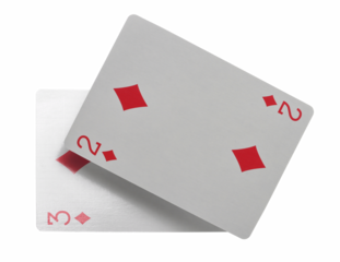 Flying playing card for poker and gambling, two and three diamond isolated on white, clipping path