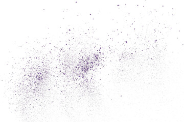 Violet chalk pieces and powder flying, effect explode, isolated on white	