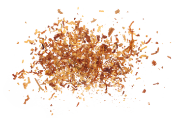 Chopped tobacco for cigarettes isolated on white, top view