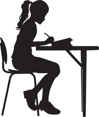 Silhouette of a girl sitting on a chair doing her study work from book on desk, vector icon