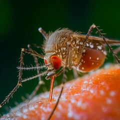 A close-up of a Culicoides paraenses mosquito with impressive details of its anatomy. Intricately patterned oropouche fever mosquito
