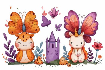 Fototapeta premium Cute Butterfly Unicorn and Creature with a Castle