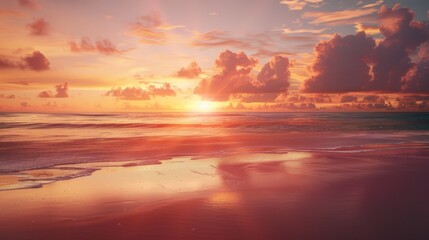 Deserted beach with the sun just rising over the horizon, generative ai