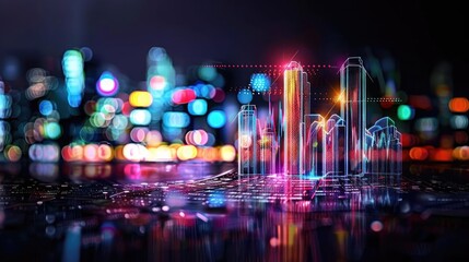 A colorful digital skyline illustration featuring futuristic buildings against a vibrant bokeh night city background.