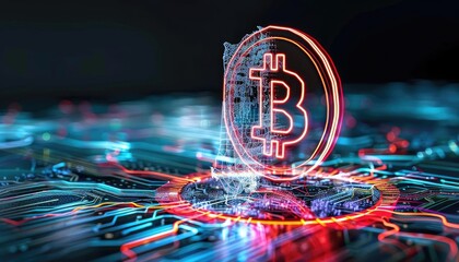 A glowing Bitcoin symbol emerging from a digital circuit, representing cryptocurrency and blockchain technology innovation.