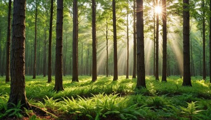 Obraz premium Sunbeams Through Forest Trees.