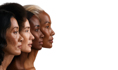 Multicultural diverse women with different nationalities and cultures, side view, isolated on transparent background