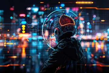 Obraz premium Futuristic figure in a neon cityscape, wearing a high-tech helmet with digital elements, capturing a sci-fi inspired atmosphere.