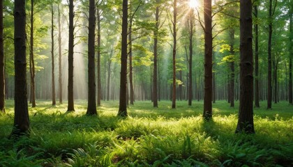 Fototapeta premium Sunbeams Through a Green Forest.