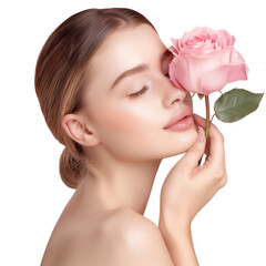 Portrait of a smiling beautiful woman holding a flower with perfect skin, concept of beauty, body...