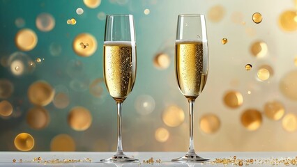 Two Glasses of Champagne with Gold Bokeh Background.