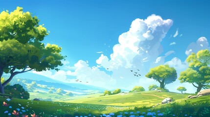 Obraz premium Idyllic Summer Landscape with Rolling Hills and Blue Sky Illustration