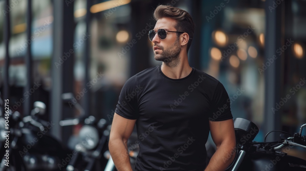 Wall mural A young caucasian man wearing a black T-shirt and sunglasses standing beside motorcycles at an event. He is looking to the side with a confident expression. The background is a blurred urban setting