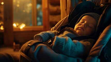Obraz premium Sleeping baby in a cozy cabin, wearing a knit sweater and beanie. The soft glow from the warm interior lighting gently illuminates the baby's face, enhancing the peaceful and serene atmosphere.