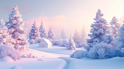 Fototapeta premium Serene Winter Wonderland at Sunset with Snow-Covered Trees and Cottage Illustration - Perfect for Holiday Greetings and Winter-Themed Designs
