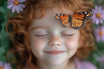 Close-Up Portrait of Laughing Red-Haired Girl with Eyes Closed and Orange-Black Butterfly on Nose, Purple and Pink Flowers in Background, Impressionist Style

