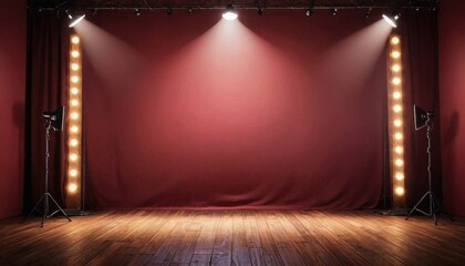 Red Stage Backdrop with Spotlights and Wooden Floor.
