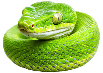 striking image of a vibrant green snake coiled up and staring directly at the camera