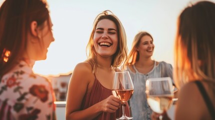 Cheerful friends have fun while drinking wine and talking on terrace at sunset