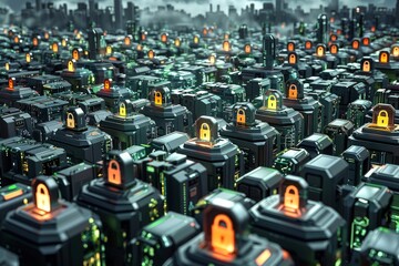 Army of mini security robots guarding data, metaphor for collective cybersecurity efforts.