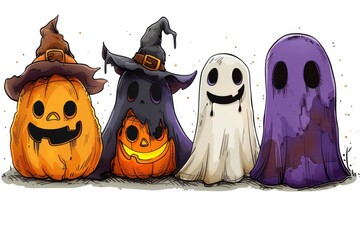Obraz premium Halloween Pumpkins, Ghosts, and Witches Cartoon Illustration