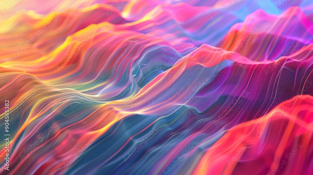 Wall mural Dynamic 3D waves of colorful lines creating an abstract digital landscape.