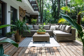 Spacious Patio with Wicker Furniture and Lush Greenery
