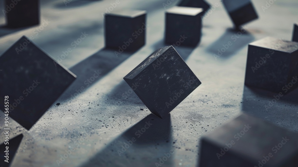 Fototapete floating 3d geometric shapes casting shadows on a textured surface.