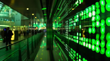 Obraz premium Futuristic green-lit display of S&P 500 stock market index on a large screen