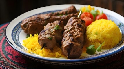 A plate with a gourmet meat steak, rice, sauce, and vegetable salad. Delectable and nutritious grilled beef and vegetable dish with a white backdrop. The idea of balanced nutrition