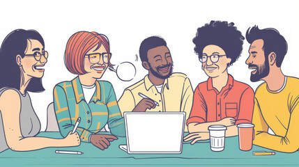 Diverse office team having a productive discussion, everyone smiling and contributing their thoughts