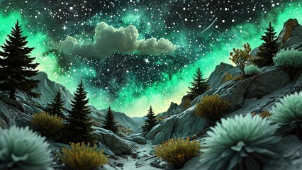 Mountainous Landscape with Stars and Clouds.
