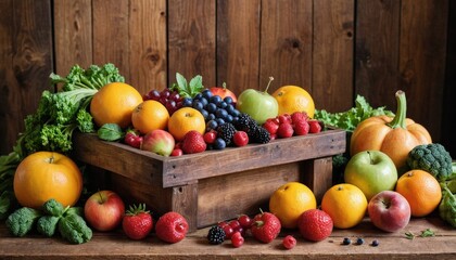 Fresh Fruit and Vegetables in a Wooden Crate.