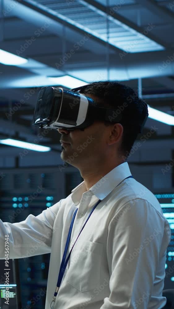 Poster vertical video engineer wearing vr headset in data center installing software on computer, troublesh
