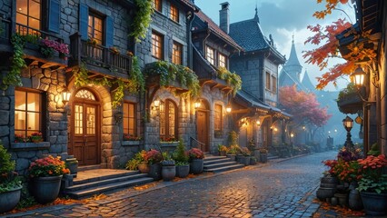 Fototapeta premium Cobblestone Street in a Quaint Town at Dusk