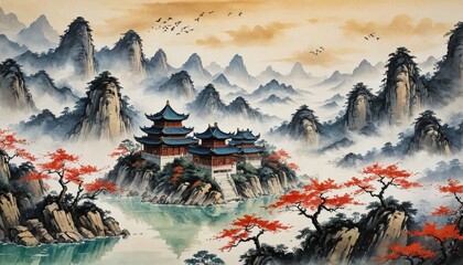 Chinese Watercolor Painting of Mountain Landscape with Temple.